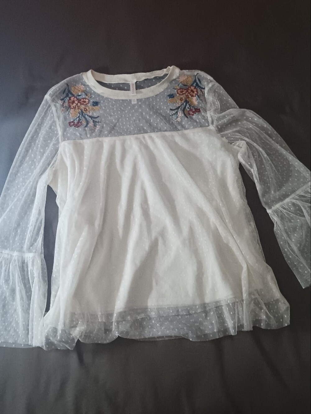 Xhilaration White Sheer Swiss Dot Blouse with Floral Embroidered Yoke